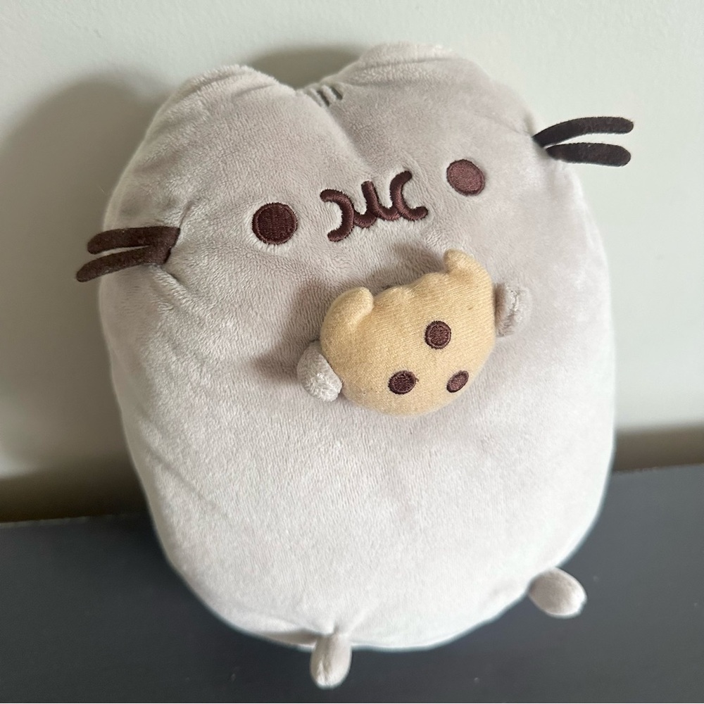 Cute Gray Cat Plush stuffed animal with chocolate chip Cookie